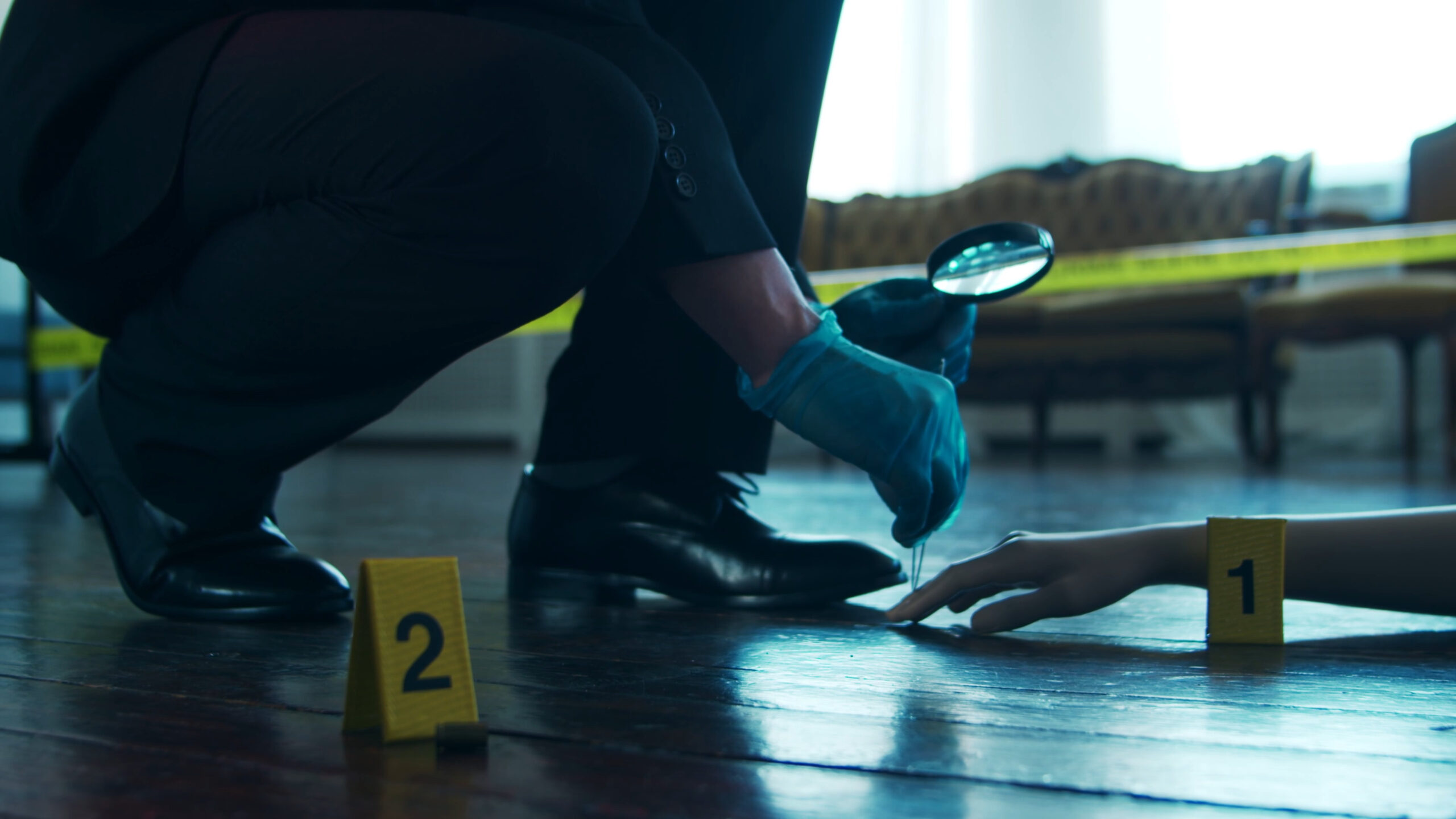 Detective Collecting Evidence in a Crime Scene. Forensic Specialists Making Expertise at Home of a Dead Person. The Concept of Homicide Investigation by Professional Police Officer.